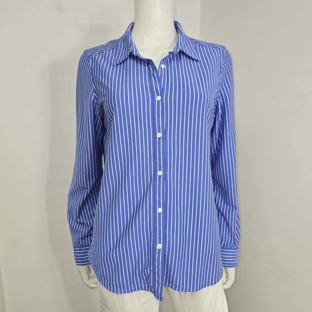 L.L. Bean Shrink Free Shirt Blue Stripe Long Sleeve Womens Size M Jersey Knit